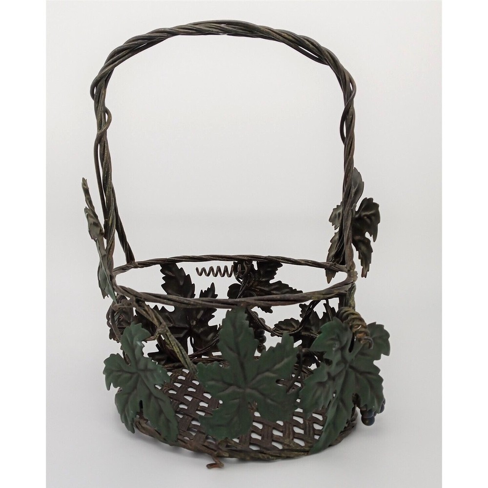 Vintage Metal Open Weave Wire Basket Grapes Green Leaves Ivy Handle Bronze Tone